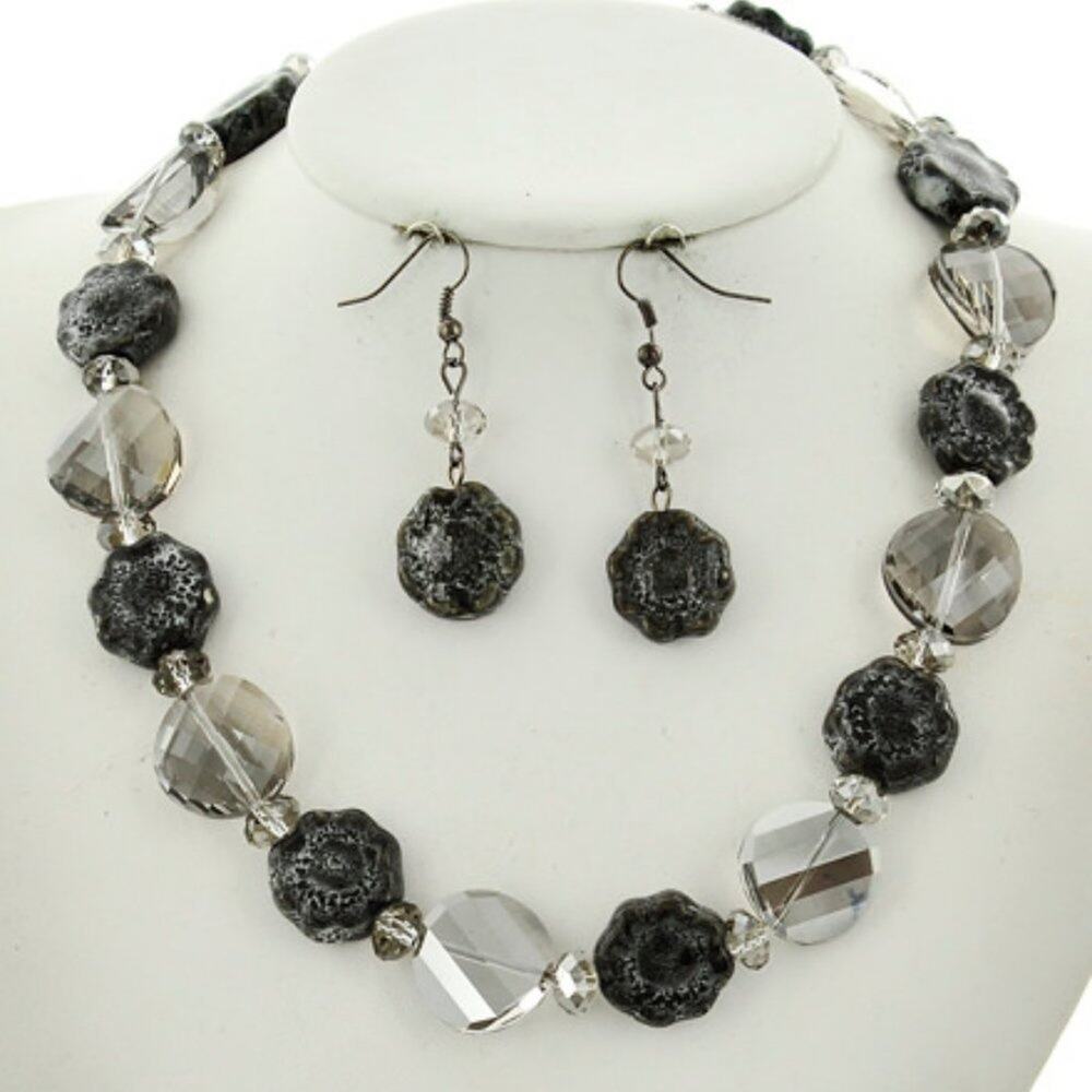Hematite Tone Black Diamond Glass & Gray Ceramic Necklace & Earring Set